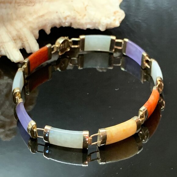 14K Gold Multicolor Jade Gemstone Bar Link Estate Vtg Tennis Bracelet J818 - Picture 4 of 9